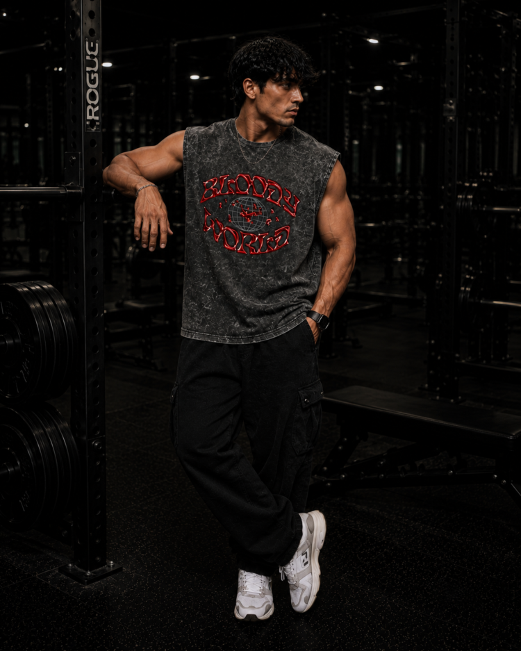 Bloodline World Acid Wash Gym Vest | Dhaga Indian Streetwear