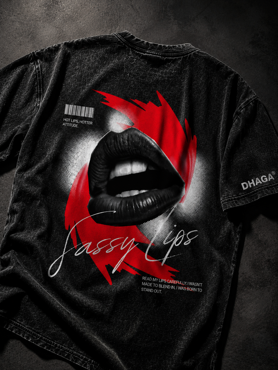 Dhaga Sassy Lips Oversized Acid Wash Tee | Dhaga Indian Streetwear
